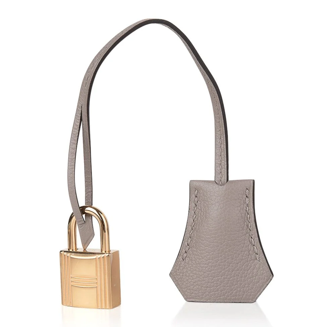 Muted Ash Grey Soft Uniform Pebble Grain Medium Structured Hand Tote With Luminous Golden Twist Lock Hardware And Matching Grey Suspended Metal Padlock Charm