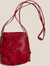 Rich Scarlet Red Dimensional Layered Petal Compact Drawstring Bucket Pouch With Slim Matching Long Hanging Carry Cord