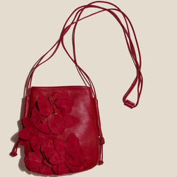 Rich Scarlet Red Dimensional Layered Petal Compact Drawstring Bucket Pouch With Slim Matching Long Hanging Carry Cord