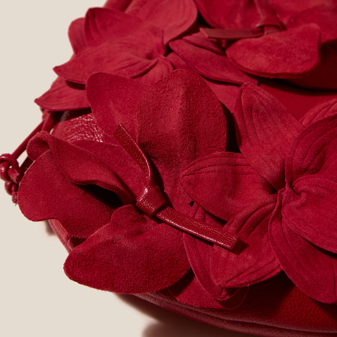 Rich Scarlet Red Dimensional Layered Petal Compact Drawstring Bucket Pouch With Slim Matching Long Hanging Carry Cord