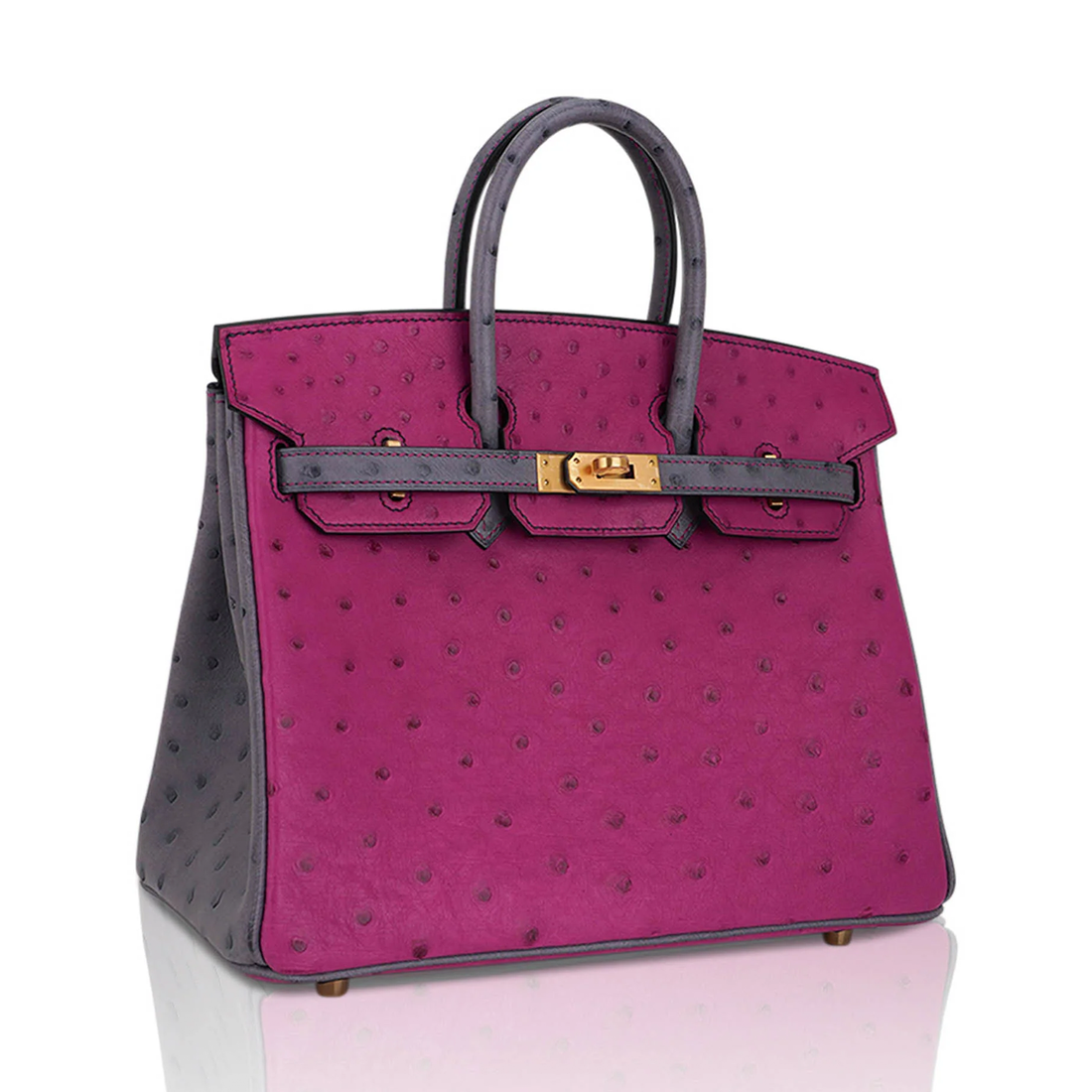 Vivid Magenta Dotted Medium Two-Tone Structured Hand Tote With Soft Ash Grey Trim And Brushed Golden Twist Lock Hardware Charm