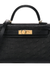 Sleek Jet Black Tiny Uniform Dotted Petite Sharp Trapezoid Tote With Luminous Golden Twist Lock Flap Hardware And Side Metal Connection Fixtures